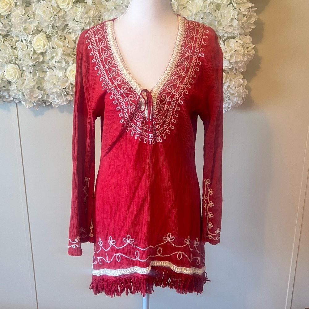 Red Boho Embroidered V-Neck Tunic Dress